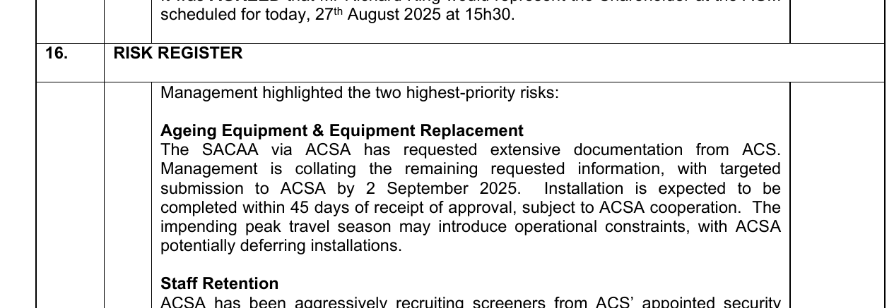 Aug 2025 minutes — Ageing Equipment risk paragraph